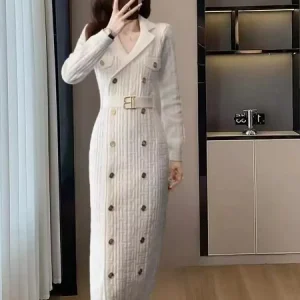 Abito da donna coreano solido doppio petto a maniche lunghe autunno inverno ufficio signora elegante festival abiti lavorati a maglia moda per il tempo libero 1