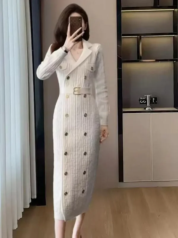 Abito da donna coreano solido doppio petto a maniche lunghe autunno inverno ufficio signora elegante festival abiti lavorati a maglia moda per il tempo libero 1