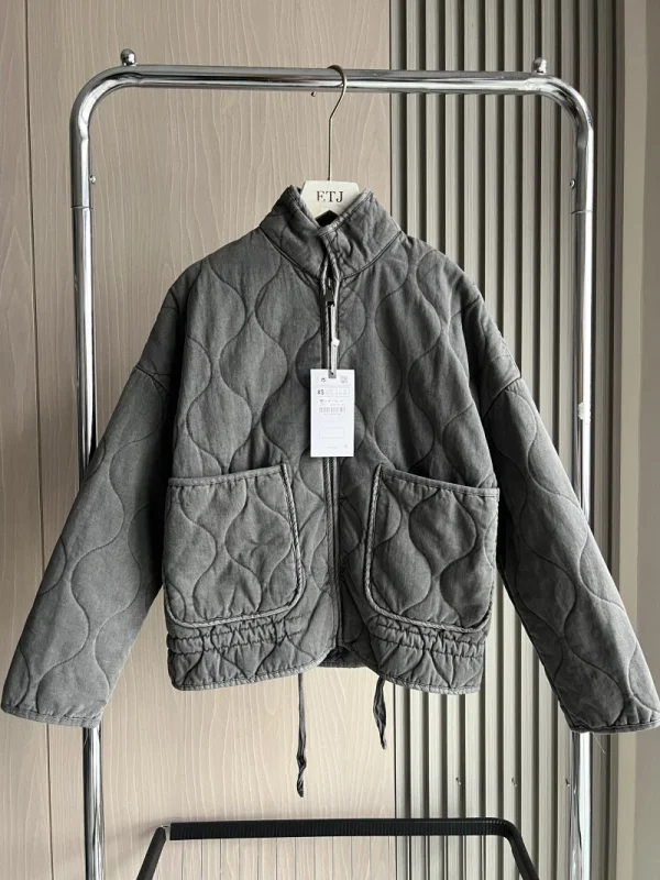 ZW Giacca in cotone da donna 2025 Nuovo arrivo Vintage Lenzing Rayon Collo alto Tasca grande Cappotto trapuntato decorativo per le donne 1