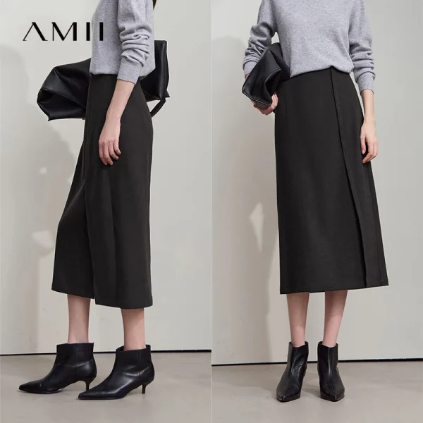 AMII Minimalista Donna Marrone Gonne 2025 Autunno Retro Twill spazzolato Spacco laterale Office Lady Midi Gonne Donna Abbigliamento 12543057 4