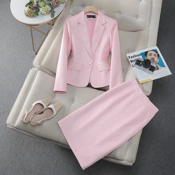 NAVIU Tessuto di alta qualità Stili eleganti Abiti da donna Temperamento blu Giacca a maniche lunghe e gonna Abbigliamento da lavoro da donna per ufficio 4