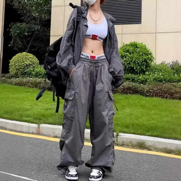 Pantaloni cargo a gamba dritta larghi stile americano vintage Tasca di sensibilità per uomo e donna Pantaloni estivi Y2K Gamba larga Casu 3