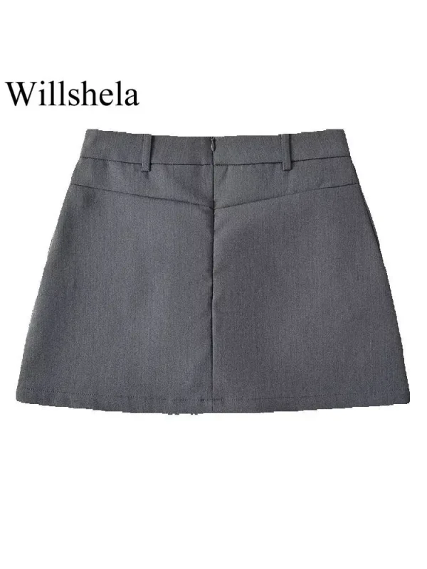 Willshela Minigonna a trapezio con cerniera posteriore solida moda donna Gonne da donna chic femminili a vita alta vintage 4