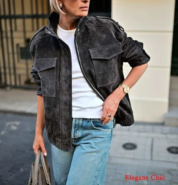 KONDALA Autunno Donna Elegante Giacca in pelle scamosciata Colletto rialzato Giacca ampia con cerniera grigia 2025 Giacca da donna streetwear autunno inverno 6