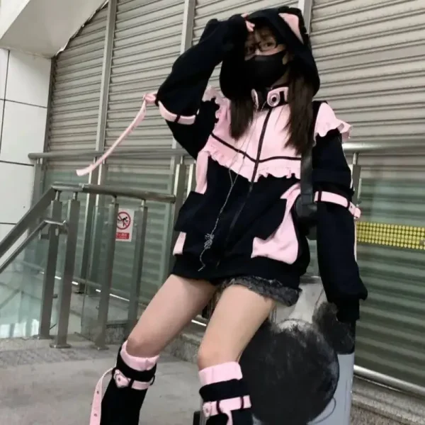Cappotto di peluche giapponese Y2k con volant impiombato Orecchie di gatto Giacca con cappuccio Kawaii Ragazza Secchio Decor Felpa Harajuku Capispalla donna carina 4