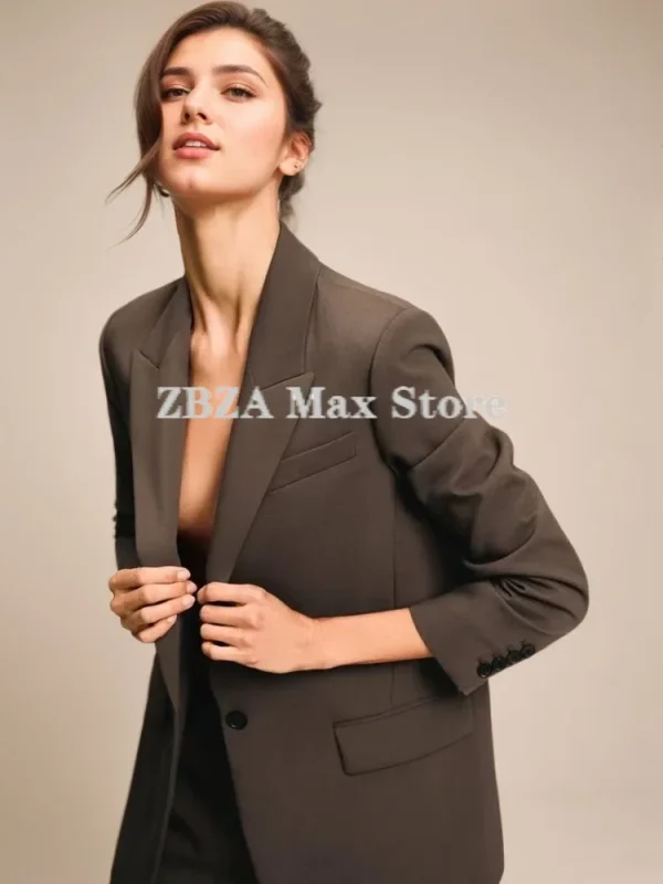 ZBZA Donna Moda 2025 Autunno Marrone Office Lady Donna Abiti Allentato Scollo a V Giacca + Pantaloni a gamba lunga a vita alta Set da donna vintage 2