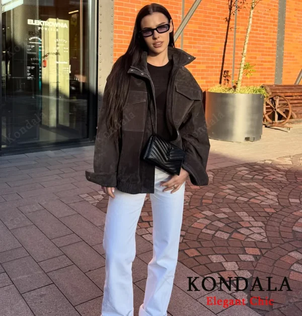 KONDALA Autunno Donna Elegante Giacca in pelle scamosciata Colletto rialzato Giacca ampia con cerniera grigia 2025 Giacca da donna streetwear autunno inverno 3