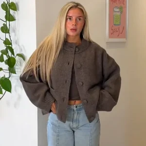 Maglione a maniche lunghe girocollo moda per donna Cappotti con tasche lavorate a maglia monopetto chic 2025 Maglieria solida autunno inverno 1