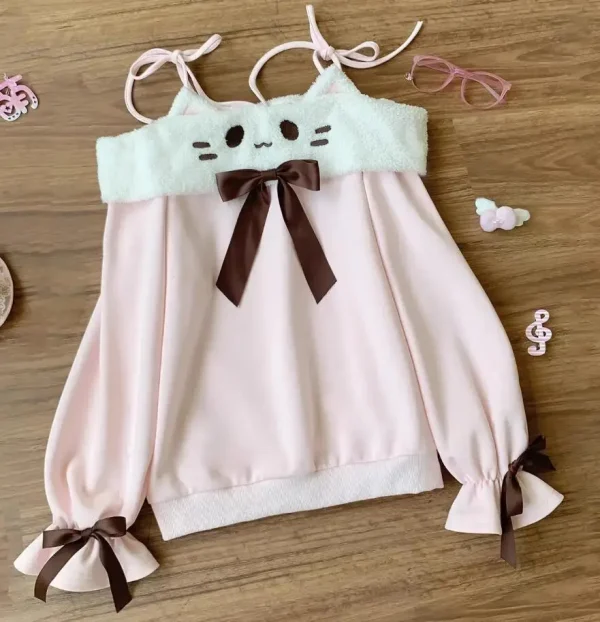 Felpa giapponese patchwork kawaii simpatico cartone animato allentato grunge slash neck fasciatura top casual Y2k fiocco estetico abbigliamento donna 3