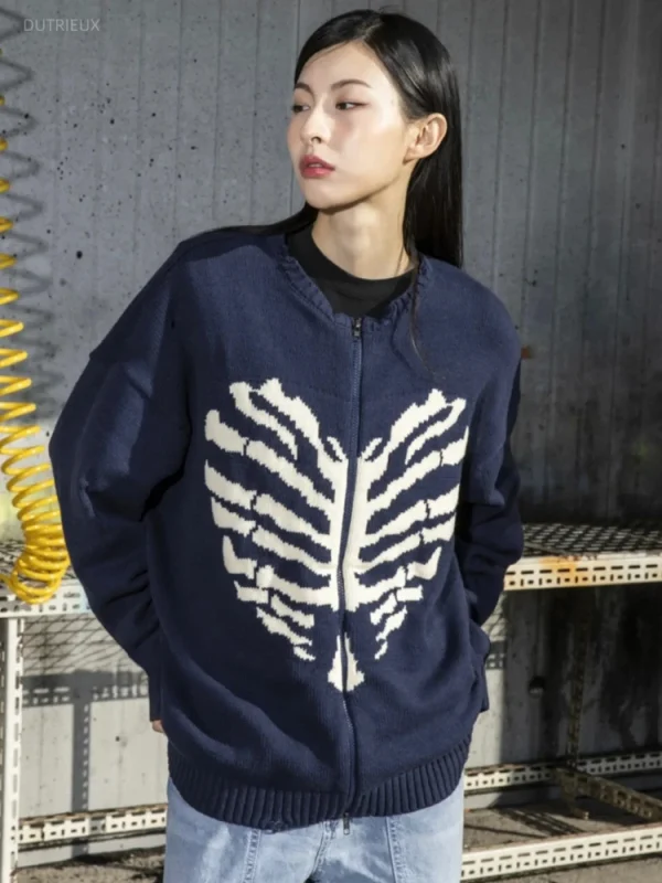 Cappotto cardigan oversize lavorato a maglia Abbigliamento donna Pull Femme O-Collo Cerniera Maglione casual Top Moda Stampa teschio Sueter Mujer 6