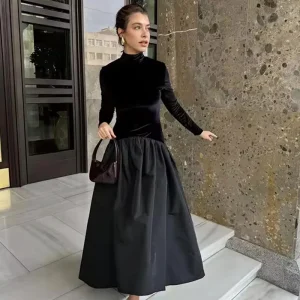 Abito lungo patchwork in velluto moda donna elegante colletto semi-alto abiti da sera per feste 2025 nuovi abiti neri a maniche lunghe 1