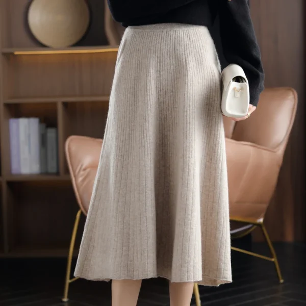 2025 Autunno Nuovo a vita alta 100% pura lana gonna lunga a pieghe gonna base in maglia da donna pacchetto moda anca A-Line gonna grande in cashmere 2