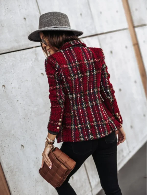 Donna New Vintage manica lunga doppio petto giacca scozzese cappotto tasche con patta bottoni casual giacca autunnale capispalla femminile 4
