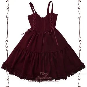 Abito con bretelle in pizzo con fiocco per ragazze dolci autunno e inverno bordeaux JSK Abiti eleganti con canotta dimagrante a vita alta stile Lolita 1