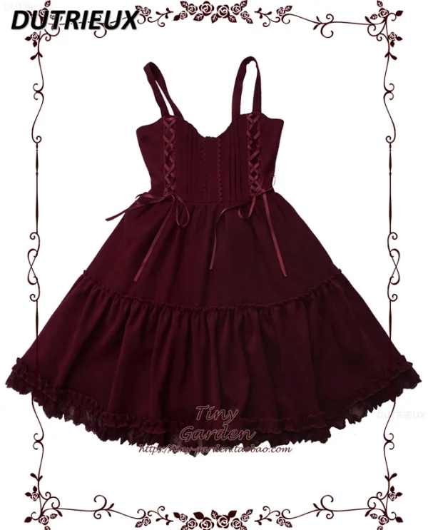Abito con bretelle in pizzo con fiocco per ragazze dolci autunno e inverno bordeaux JSK Abiti eleganti con canotta dimagrante a vita alta stile Lolita 1
