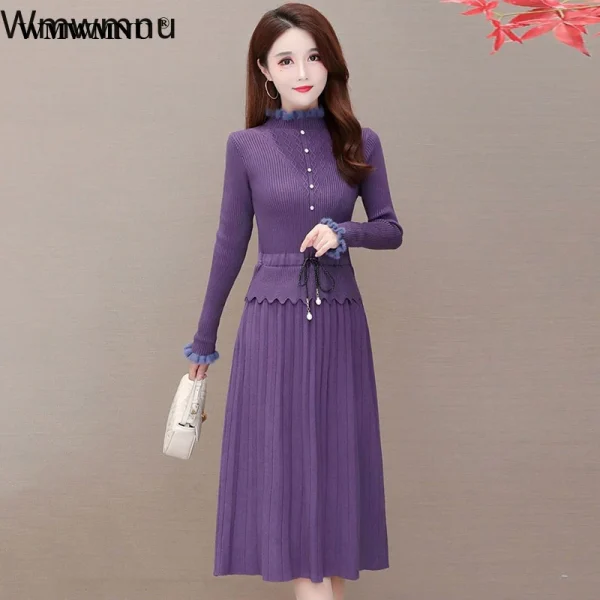 Abito maglione midi sottile Abito elegante in maglia a maniche lunghe con volant Abito da donna vintage con patchwork autunnale con coulisse in vita 2