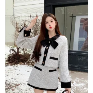 UNXX Elegante Papillon Set a due pezzi Donna Autunno Inverno Nuovo Colore a contrasto Giacca corta Gonna a vita alta Set da donna da ufficio femminile 1