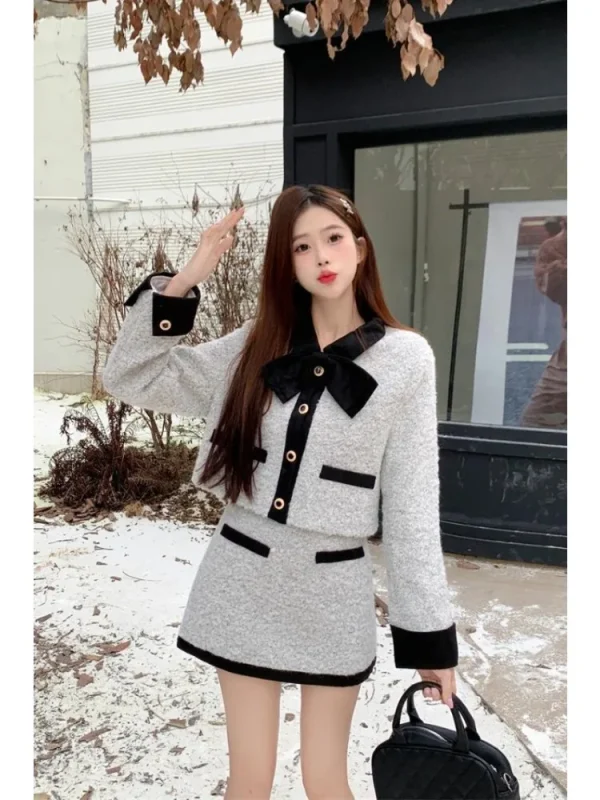 UNXX Elegante Papillon Set a due pezzi Donna Autunno Inverno Nuovo Colore a contrasto Giacca corta Gonna a vita alta Set da donna da ufficio femminile 1