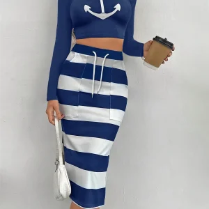 T-shirt stampata autunno/inverno da donna e gonna con coulisse in vita 1