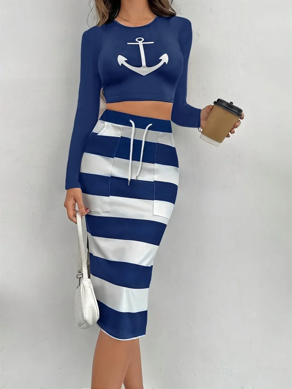 T-shirt stampata autunno/inverno da donna e gonna con coulisse in vita 1