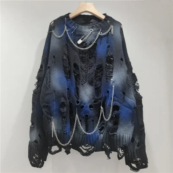 DEAT Pullover lavorato a maglia da donna Tie-dye Fori rotti Catene Spille Allentato Manica lunga O-Collo Maglioni 2025 Nuova moda Autunno 29A2729 3