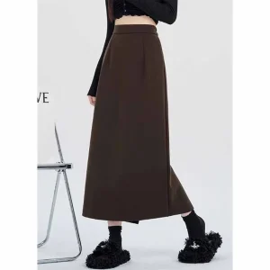 Elegante gonna di media lunghezza di lana da donna a vita alta a-line gonna lunga divisa femminile casual tutto-fiammifero gonne invernali in tinta unita 1