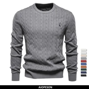 AIOPESON Maglioni da uomo in cotone con ricamo giraffa, girocollo, classico maglione lavorato a maglia con motivo twist per uomo 1