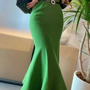 Gonne da donna 2025 Autunno Inverno Moda Gonne lunghe lavorate a maglia per le donne Verde Vintage Slim Office Lady A-LINE Gonna a coda di pesce 1