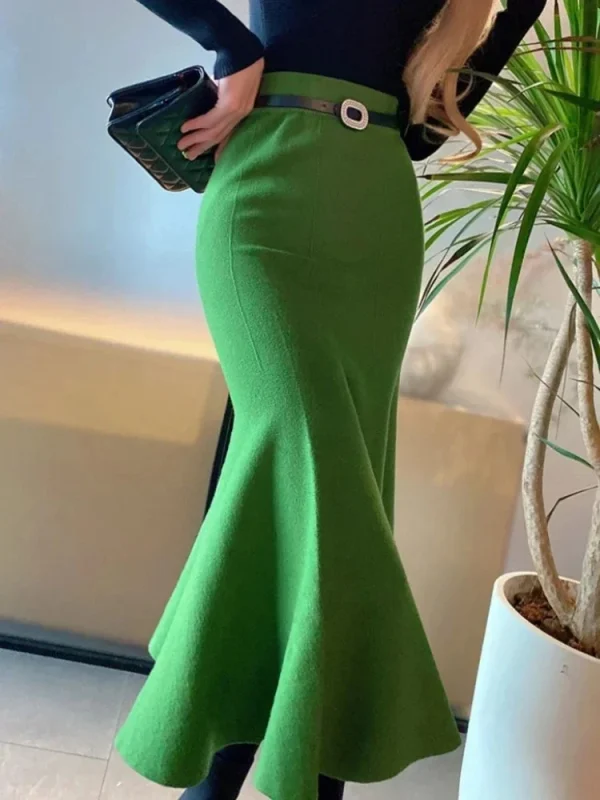 Gonne da donna 2025 Autunno Inverno Moda Gonne lunghe lavorate a maglia per le donne Verde Vintage Slim Office Lady A-LINE Gonna a coda di pesce 1