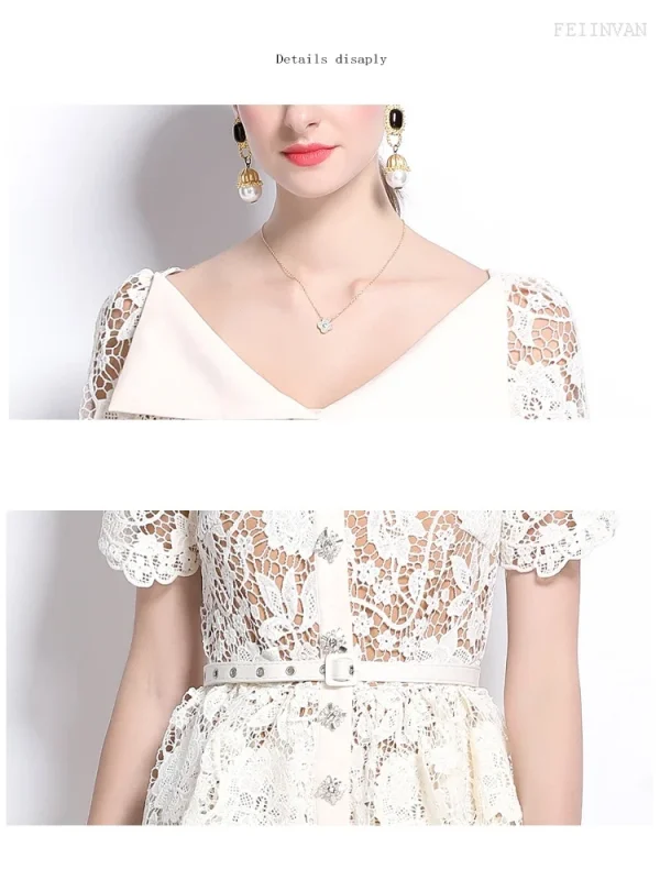 SMTHMA Abito elegante con risvolto a maniche corte in pizzo con temperamento scavato Abiti estivi a vita sottile da donna con cintura 5
