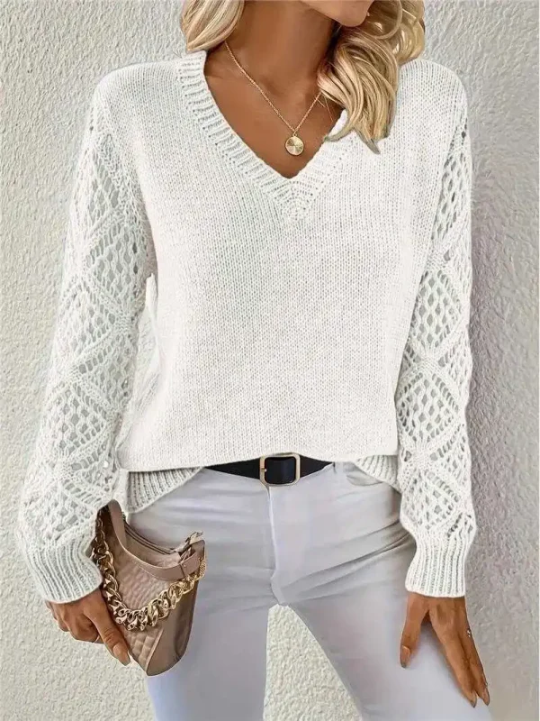 Manica lunga Pointelle Maglia Top Pullover Maglione da donna Traforato Manica lunga con scollo a V Maglione Autunno Inverno Blusas Para Mujer Outfit 3
