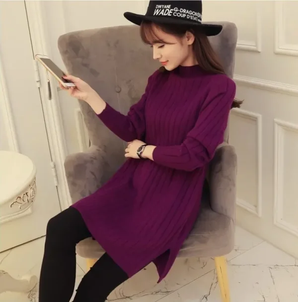Abito maglione lavorato a maglia ampio da donna Autunno Inverno Moda collo mezzo alto manica lunga cappotto capispalla longuette a figura intera 5
