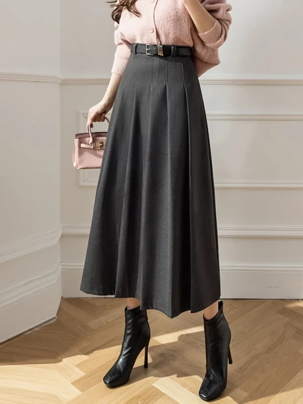 Gonna lunga a pieghe in lana invernale Moda coreana a vita alta A-line Office Maxi gonne Cintura femminile Marrone Nero Grigio Falda Plisada 2