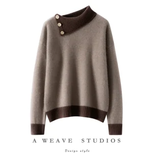 Maglione di cashmere 100% colletto rovesciato irregolare pullover con bottoni laterali donna blocco colore addensare maglieria allentata autunno inverno 1