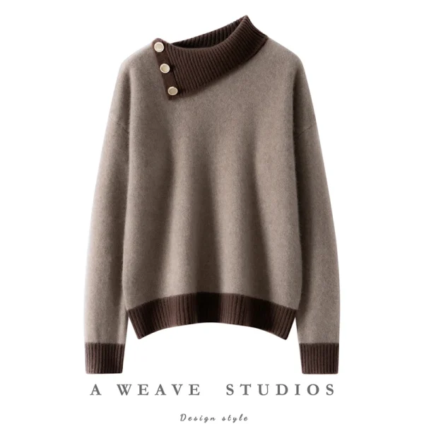 Maglione di cashmere 100% colletto rovesciato irregolare pullover con bottoni laterali donna blocco colore addensare maglieria allentata autunno inverno 1