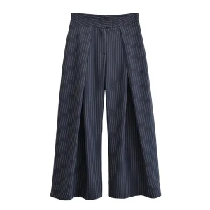Pantaloni da donna Novità per l'estate 2025 Pantaloni a gamba larga pieghettati a righe blu navy Personalità della moda casual Versatile 1