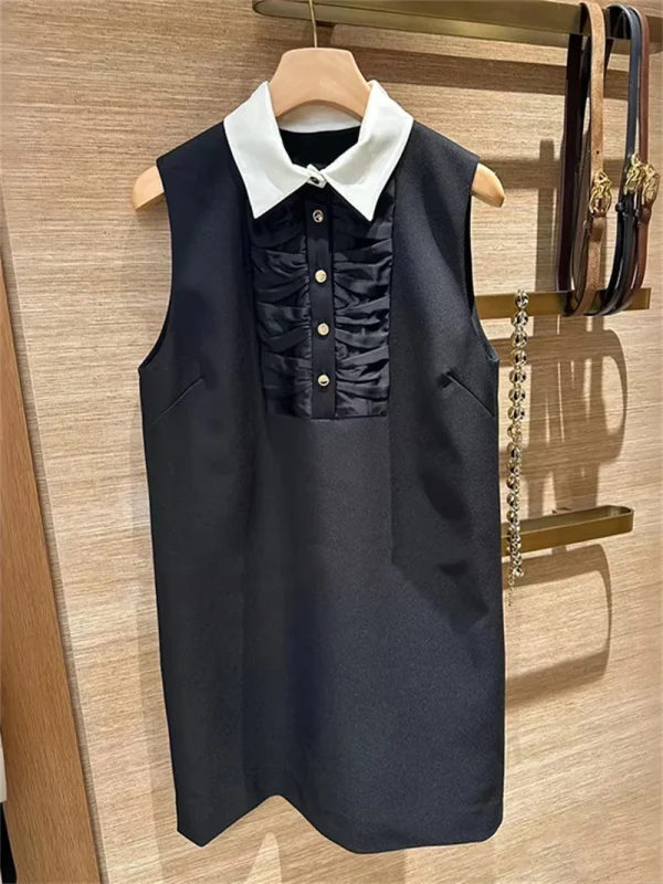 Giunzioni Colletto rovesciato Mini abito da donna Bottoni pieghettati Senza maniche A-Line Abito corto 2025 Autunno Nuovo 3