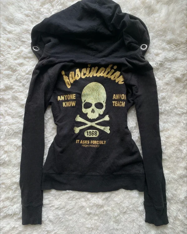 Y2K Felpa con coulisse design gotico con cerniera nera Giacca da donna Cappotto Harajuku Lettera Grafica Felpa con cappuccio sottile sexy Abbigliamento autunnale 5