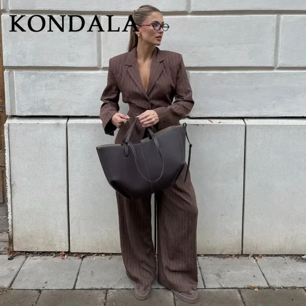 KONDALA 2025 Autunno Inverno A righe Office Lady Abiti Moda Elegante Marrone Telai Allentati monopetto Blazer Chic Pantaloni a gamba larga 6