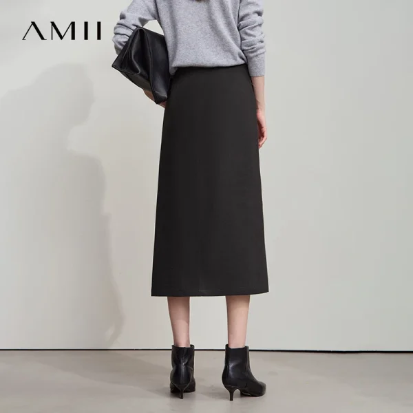AMII Minimalista Donna Marrone Gonne 2025 Autunno Retro Twill spazzolato Spacco laterale Office Lady Midi Gonne Donna Abbigliamento 12543057 5