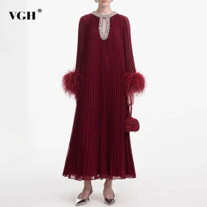VGH Minimalista Diamanti Impiombati Abiti A Pieghe Allentati Per Le Donne O Collo Manica Lunga Patchwork Piume Scava Fuori Il Vestito Femminile 1