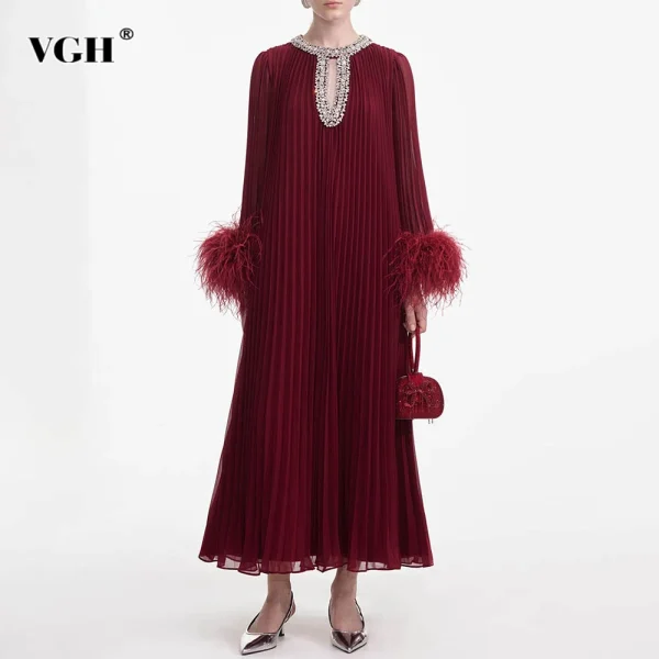 VGH Minimalista Diamanti Impiombati Abiti A Pieghe Allentati Per Le Donne O Collo Manica Lunga Patchwork Piume Scava Fuori Il Vestito Femminile 1