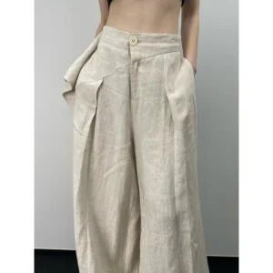Pantaloni a gamba larga pieghettati casual da donna alla moda chic Texture in lino Pantaloni larghi a vita alta tutti abbinati Mujer Pantalones 1