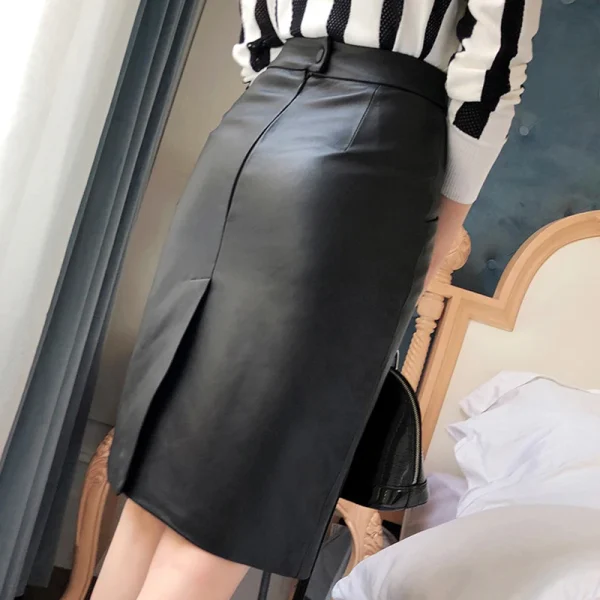 NUOVE Donne di Inverno del Cuoio Genuino Midi Lungo del Pannello Esterno OL Elegante Semplice Sottile Saia Mujer Verde/Nero Sexy Wrap Jupe street Wear Gonne 3