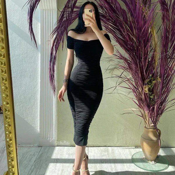Gonna lunga tinta unita in stile europeo e americano, temperamento elegante, abito estivo da donna, abito plissettato con una spalla 6