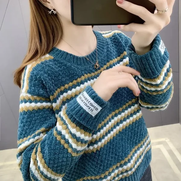 2023 autunno inverno nuovo Pullover girocollo maniche lunghe maglione a righe larghe Office Lady Basics Casual Knit Underlay 2