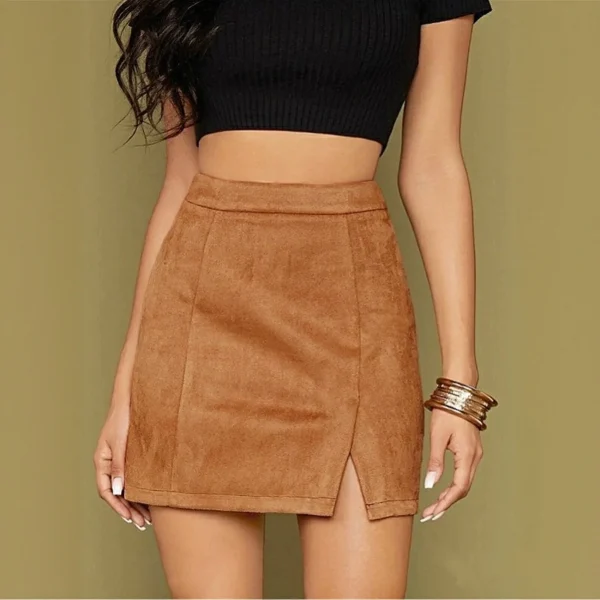 Moda autunno inverno gonne in pelle scamosciata donna una linea a vita alta abito corto solido abiti sexy retrò gonna casual da festa di strada femminile 6