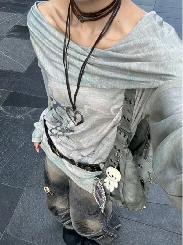 Kimotimo Punk Stampato Colletto Oscillante T-shirt con Cappuccio Donna Giapponese Vintage Allentato Manica Lunga Magliette 2025 Autunno Y2k Gotico Magliette 6