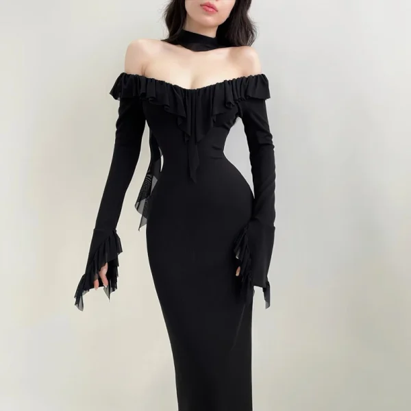 Xeemilo Elegante abito da sera con volant in rete Temperamento Colletto tondo Slim Manica lunga Maxi abiti Donna Elegante Party Club Robe 2