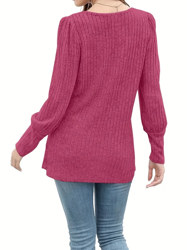 Maglione lavorato a maglia a costine con collo quadrato solido, maglione diviso a maniche lunghe con bottoni casual per la primavera e l'autunno, abbigliamento da donna 6